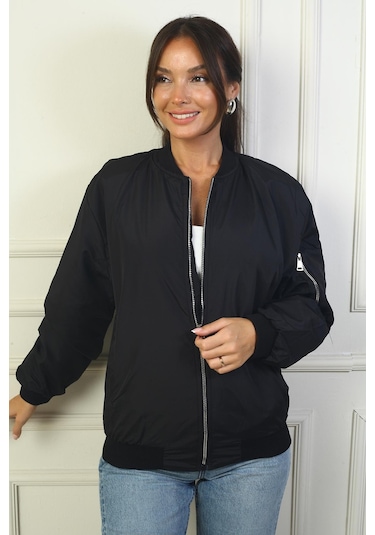 Yuvarlak Yaka Önü Fermuarlı Kol Cepli Mont-39168-siyah Siyah