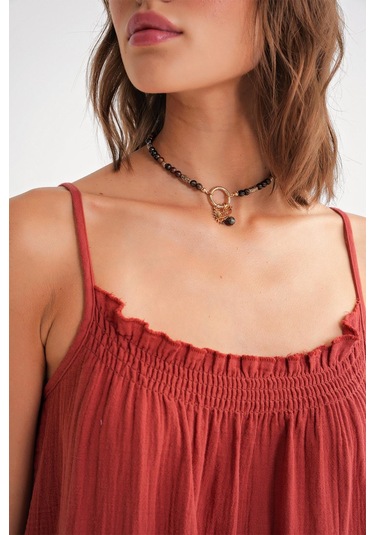 4740 Kadın Askılı Müslin Midi Elbise Kiremit Kiremit