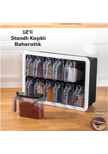 Zhlhome 12 Li Standlı Kaşıklı Baharatlık Seti Beyaz