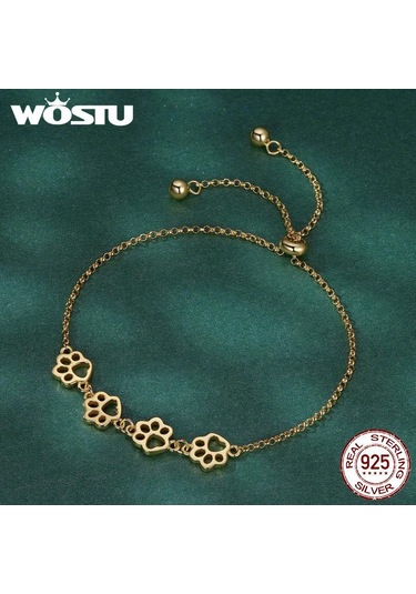 Wostu Sıcak Moda 925 Ayar Gümüş Paw Trail Köpek Hayvan Zinciri Ve Bağlantı Bilezikler Kadınlar Için Altın