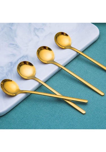 Ranyeek 8 Adet Gümüş Kaplama Paslanmaz Çelik İtalyan Kafe Kaşığı, 13.5 Cm Mini Çay Kaşığı, Kahve, Tatlı, Dondurma İçin, Yıkama Makinesine Uygun Altın