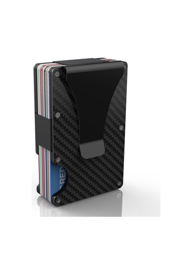 Hangfox Kara Karbon Fiber Rfıd Engelleyici Kart Çantası - Metal Pop-up Kart Tutucu Cüzdan Siyah