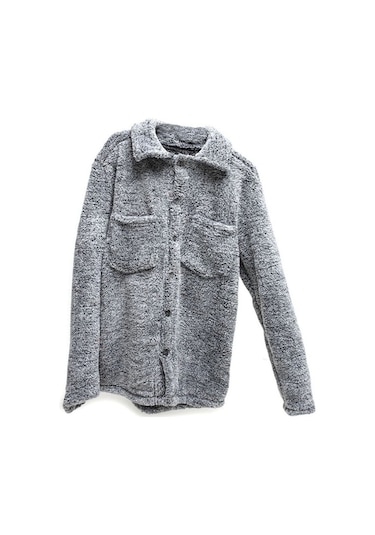 Unisex Gri Düğme Detaylı Cepli Peluş Ceket Gri