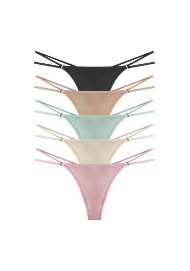 Kadın Pamuklu Ve Taş Detaylı Likralı Fitilli Kaşkorse Tanga Külot 5'li Paket Renkli-1 Çok Renkli