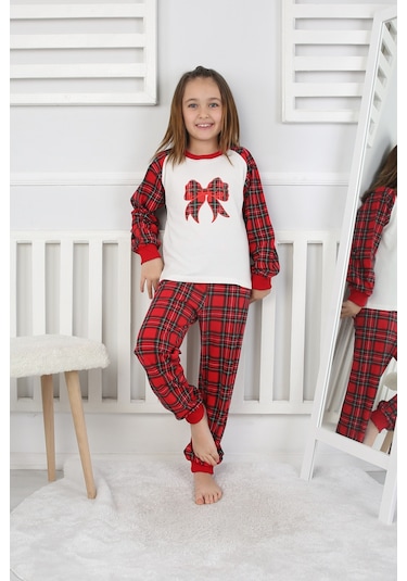 Kız Çocuk Pijama Takımı Papyon Beyaz