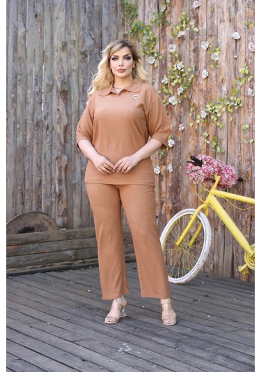 Kadın Günlük Patlı Gömlek Yaka Pantolon Takım Bürümcük Kumaş Camel