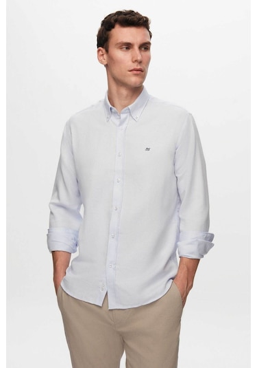 Ds Damat Slim Fit Mavi Oxford Düğmeli Yaka Kolay Ütülenebilir Nakış Detaylı Pamuklu Gömlek 4HC02ORT03265 Mavi