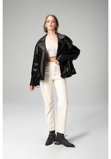 Dericlub Wm031 Oversize Biker Kadın Silme Deri Mont