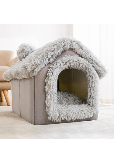 Homyl Yumuşak Köpek Kulübesi Evi Şekil Sıcak Mağara Gri-l