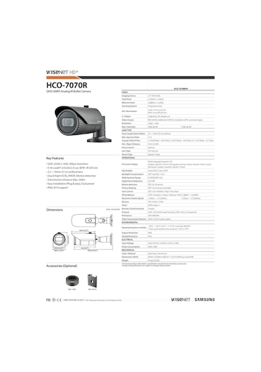 Samsung Uyumlu Wisenet Hco-7070Rp 4Mp Ahd Gece Görüşlü Bullet Kamera
