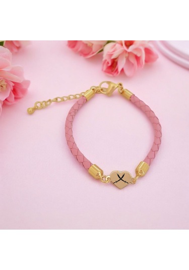 Archin Zülfikar Temalı Kalp Figürlü 14 Ayar Altın Plakalı Pembe Derili Hediye Bileklik-473sembol Zülfikar Sembolü