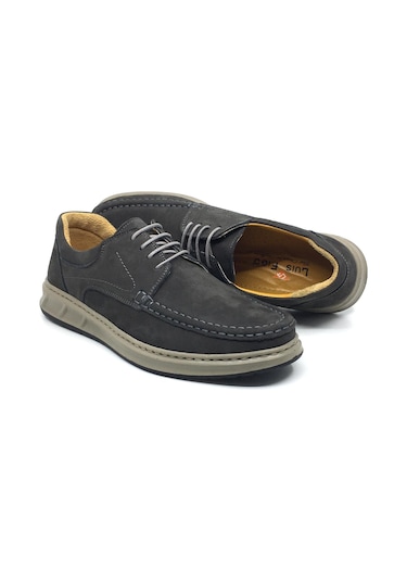 Luis Figo %100 Hakiki Nubuk Deri Ortopedik Erkek Rahat Günlük Loafer Büyük Ayakkabı 40-48 Füme Nubuk Bağcıklı Füme