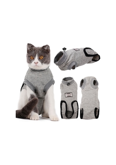 Geekyou Kedi Ameliyat Sonrası İyileşme Giysisi Pamuklu Yumuşak Soluklu Yara Koruması Tüy Yeme/ç抓lama Engeli Gri S Beden