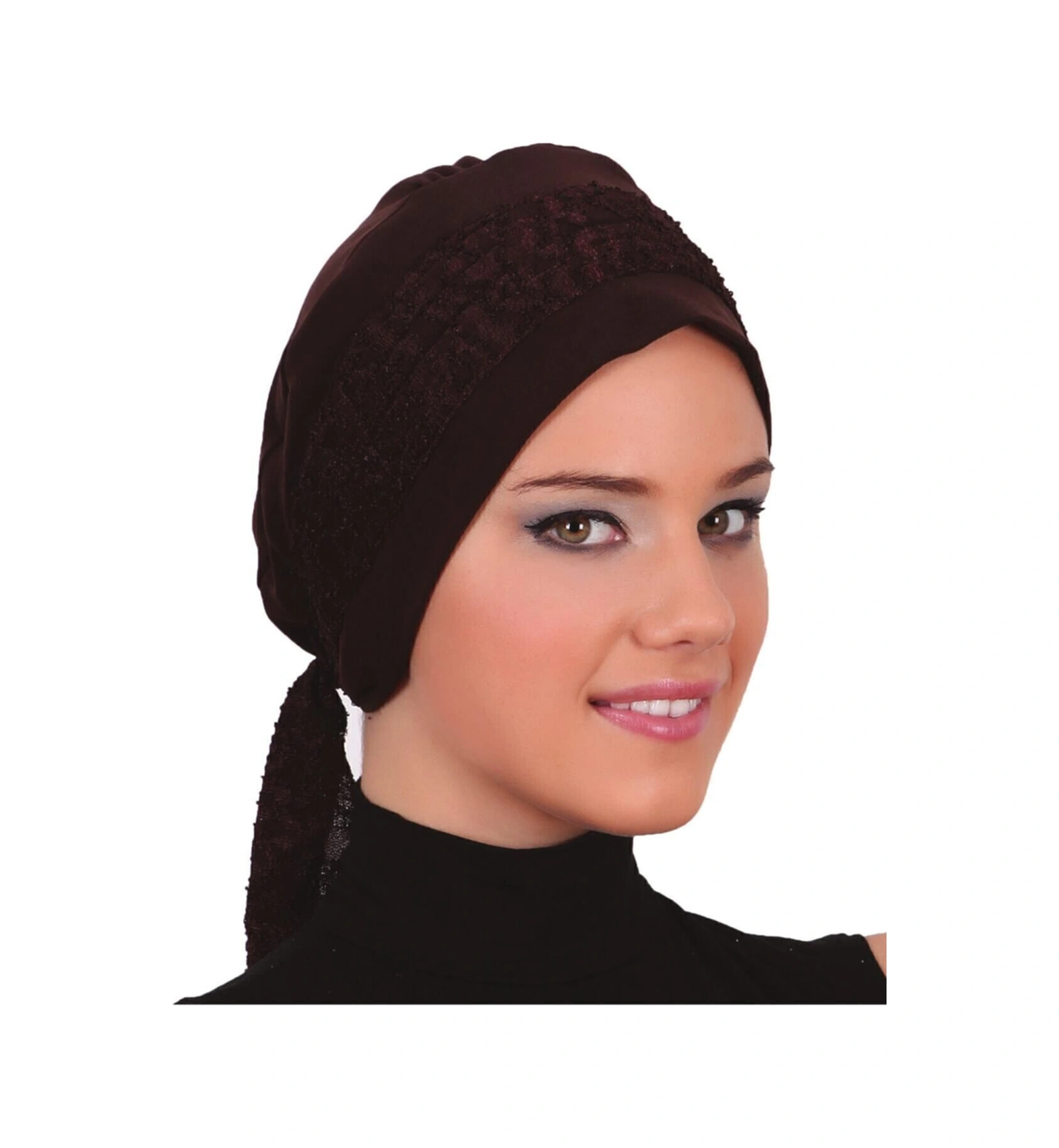 Dantel Bandana Kahve Hazır Türban Tesettür Bone Kahve
