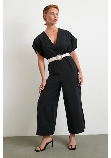 Kemer Detaylı Yarasa Kol Tulum Siyah Siyah