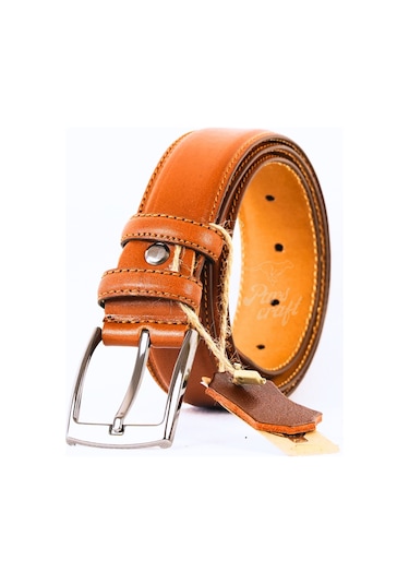 Hakiki Deri Erkek Kemer 3,5cm Dikişli Taba Klasik Kumaş Pantolon Taba