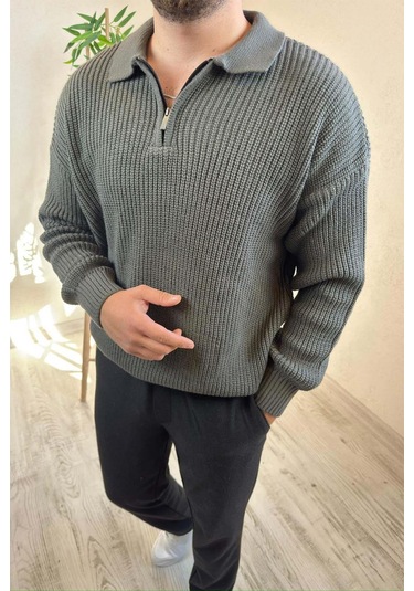 Erkek Gri Fermuarlı Polo Yaka Oversize Triko Kazak Gri