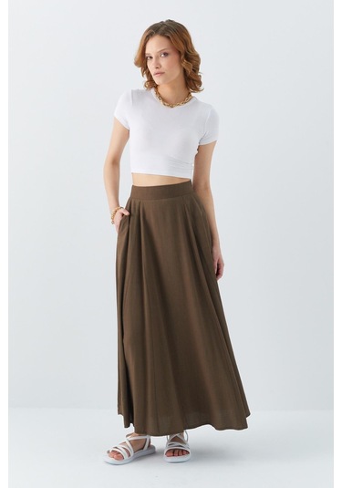 4631 Kadın Parçalı Kloş Etek Haki Haki