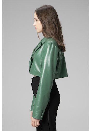 Yeşil Overlay Dericlub Wm034 Gerçek Deri Crop Blazer Kadın Ceket