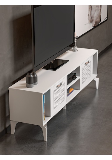 Tv Sehpası Tv Ünitesi Beyaz Gümüş 160 Cm Linya 5043 Gri