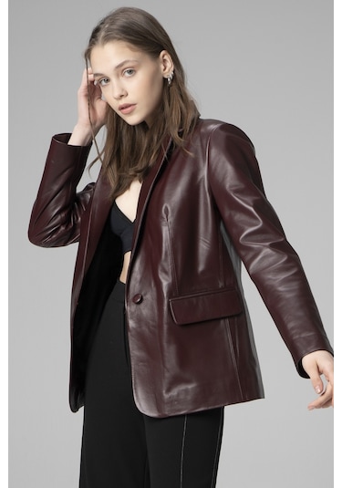 Dericlub Wm011 Gerçek Deri Kadın Blazer Ceket Bordo