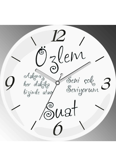 Seni Seviyorum Temalı Yazılar Çap 30cm Sessiz Akar Bombeli Gerçek Cam Duvar Saati Beyaz - Siyah