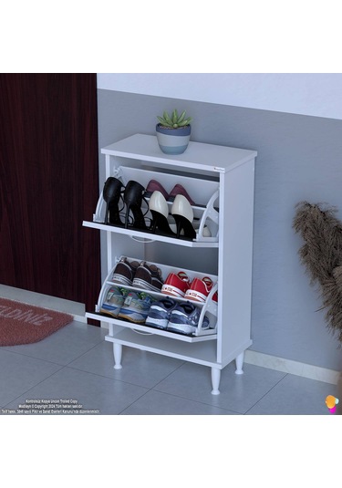 Modilayn Umay Kapı Önü 52x 90x 26 Cm Lik 2 Düşer Kapak 4 Göz Bölmeli Ayakkabılık Antrasit - Beyaz