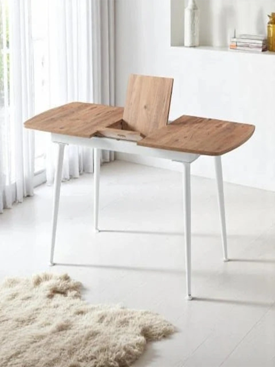 Dengema Milano Açılır Dikdörtgen Masa Ceviz Desen, Beyaz Ayak, 80 125 165 Cm, 4 6 Kişilik Sandalyesiz Ceviz Desen - Beyaz Ayak