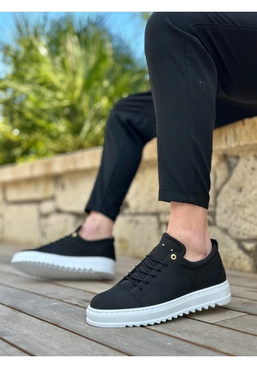 Pabucmarketi Bağcıklı Erkek Ayakkabı Siyah Beyaz Taban Renkli