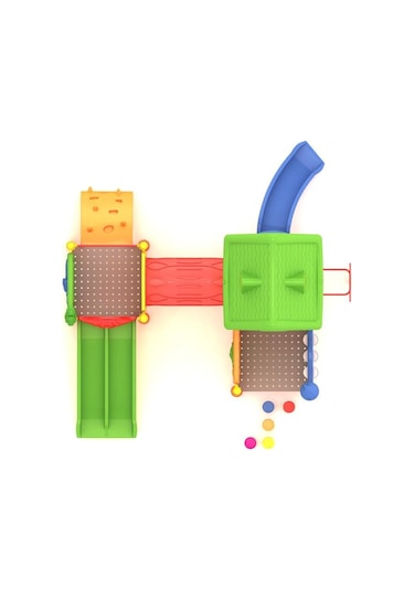 Çocuk Oyun Grubu, 6x5m İki Kaydıraklı Ev Çatılı -70 Çok Renkli