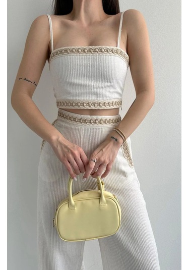 Çizgi Dokulu Dantel Şeritli Cepli Beli Lastikli Pantolon Sırt Lastikli Spor Büstiyer Keten Takım Bej