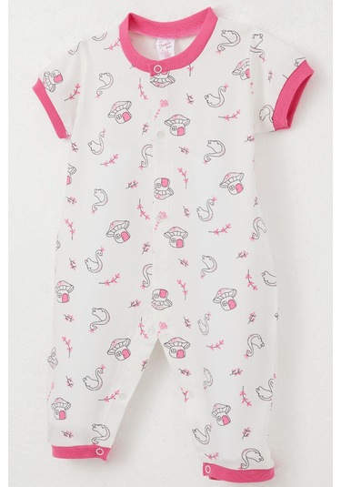 Breeze Kız Bebek Kısa Kollu Tulum Mantar Ev & Prenses Kuğu Desenli 0-6 Ay, Beyaz Beyaz