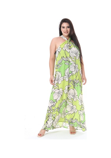 Kadın Büyük Beden Yeşil Boyundan Bağlamalı Astarsız Krep Kumaş Elbise 65n38323-yeşil Yeşil