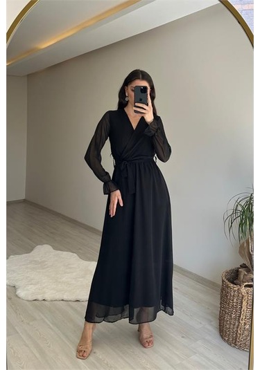 Neşeli Butik Kadın Uzun Kollu Kuşaklı Maxi Şifon Elbise Nm001 Siyah