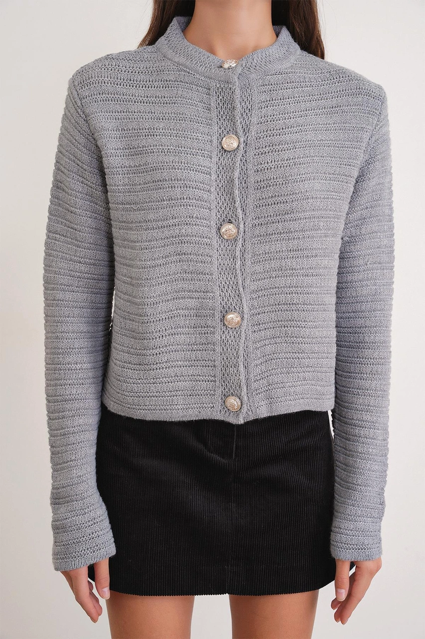 6778 Kadın Links Desenli Crop Triko Hırka Gri Gri