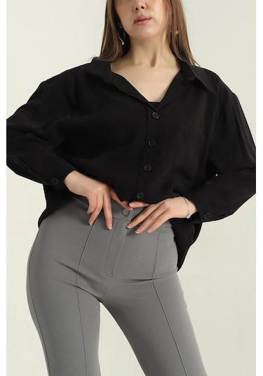 Ribana Tek Cep Modal Oversize Kadın Gömlek Siyah