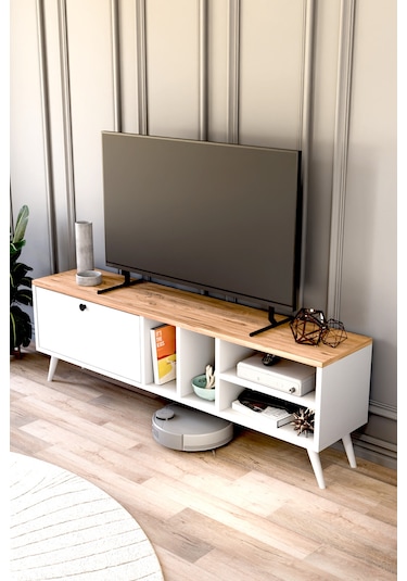 Buka Tv Sehpası, Tv Standı, Televizyon Ünitesi Beyaz - Atlantik Çam
