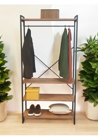 Metal Gardırop Çam Renk Ahşap Raflı Dolap Matkapsız Kolay Kurulum Siyah