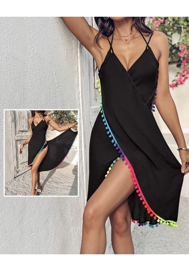 Kadın Askılı Derin V Yakalı Çapraz Geçmeli Ponponlu Bürümcük Pareo Siyah