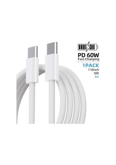 Honeybeeshop 60w Usb C Şarj Kablosu 5 Adet Beyaz Örgülü 100 58cm iPhone Uyumlu 16 Pro Max iPad Uyumlu Samsung Galaxy Uyumlu İçin