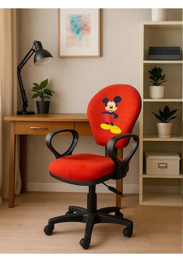Mickey Mouse Baskılı Turuncu Çocuk Çalışma Sandalyesi Döner Koltuk, Yükseklik Ayarlı Koltuk Turuncu
