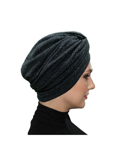 Çapraz Fukuro Simli Astarlı Siyah-gümüş Hazır Türban Tesettür Abiye Bone Siyah - Gümüş