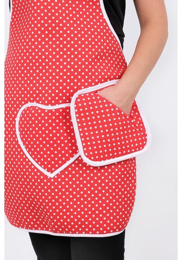 Trendy 3lü Set Sıvı Su Geçirmez Mutfak Önlüğü Isıya Dayanıklı Fırın Eldiveni Ve Tutacak Çeyiz Seti Kırmızı Puantiye