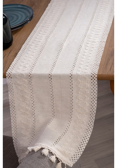 Vivamaison Organik Pamuk Dantel Runner Masa Örtüsü 35 x 150 Krem