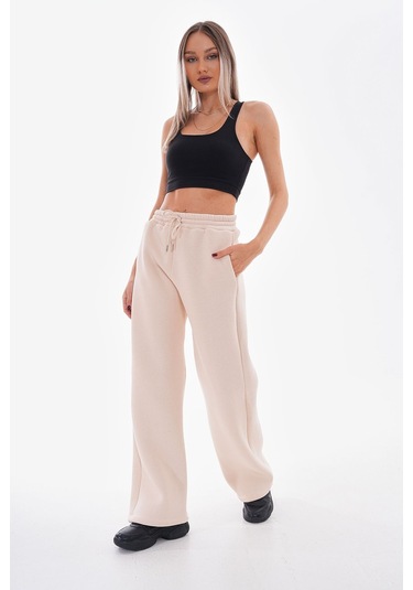 Kallima Bej Kışlık Şardonlu Yüksek Bel Bol Paça Eşofman Altı Bej