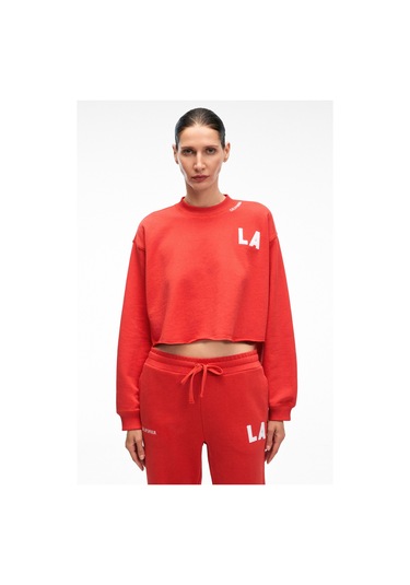 DELYRA Kadın Bisiklet Yaka Rahat Kesim Nakış Detaylı Kırmızı Sweatshirt