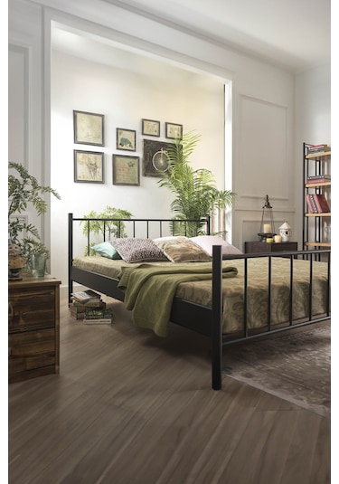 Falez Çift Kişilik Ferforje Metal Karyola-siyah Ahşap Latalı