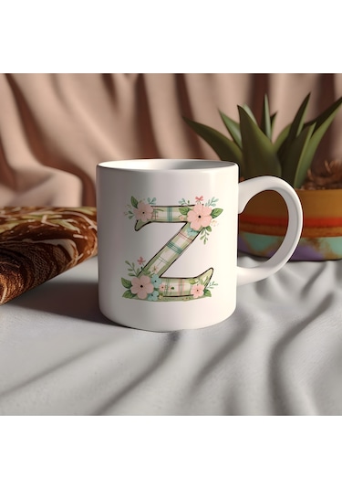 Z Harfli Çiçek Desenli Kupa Bardak - Ekose Desenli Yeşil Pembe Desenli Tasarım - Kişiye Özel Hediye Beyaz