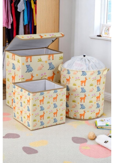 İronika Animals Dolap İçi Organizer Oyuncak Kutusu Eşya Çamaşır Saklama Sepeti Düzenleyici Kutu 3lü Set Ekru