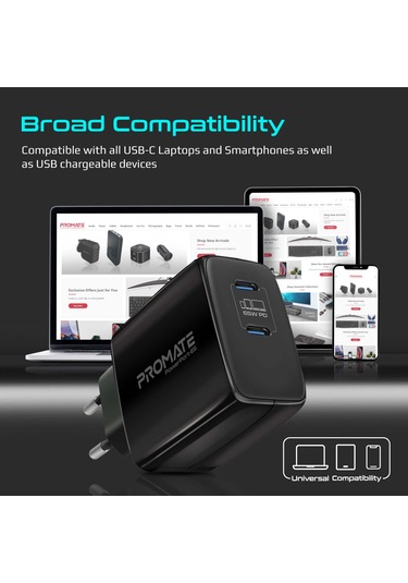 Promate PowerPort-65 GaNFast 65W Süper Hızlı Type-C PD Şarj Cihazı, Tablet, Akıllı Telefon, Notebook Uyumlu